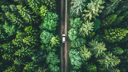 A white car driving on countryside, between green forest, top view