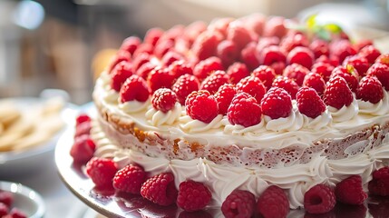 raspberry cake and many fresh raspberries fresh spring cream cake with berries