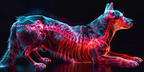 Canine Intervertebral Disc Disease: The Back Pain and Hind Limb Weakness - Visualize a dog with highlighted spine showing disc degeneration, experiencing back pain and hind limb weakness - obrazy, fototapety, plakaty