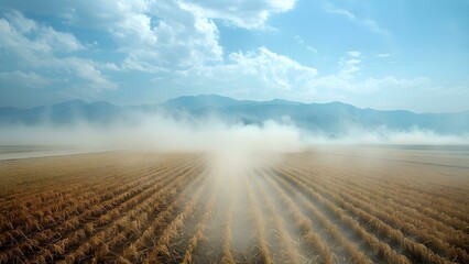 Dry barren rice fields with dust carried by wind in hot atmosphere. Concept Desertification, Environmental degradation, Dust storms, Agriculture decline, Climate change - obrazy, fototapety, plakaty