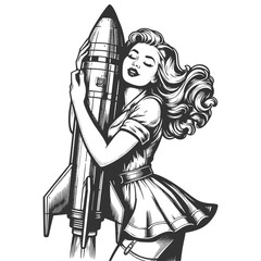retro woman hugging a rocket, symbolizing mid-century optimism in technology sketch engraving generative ai fictional character vector illustration. Scratch board imitation. Black and white image.