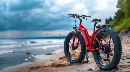 red modern mid drive motor city touring or trekking e bike pedelec with electric engine middle mount battery powered ebike at beach