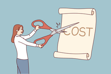 Businesswoman reduces cost to get more income and invest in profitable areas, cuts sheet of paper with scissors. Concept of skills to reduce cost in business, to avoid bankruptcy and cheaper goods - 791930658