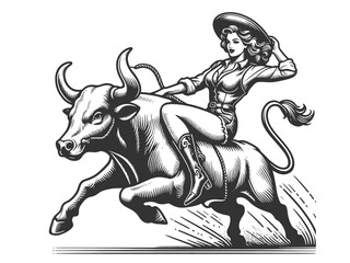 Pin-up woman bull cowgirl in full rodeo action, riding bull with a lasso sketch engraving generative ai fictional character vector illustration. Scratch board imitation. Black and white image. - 791930666