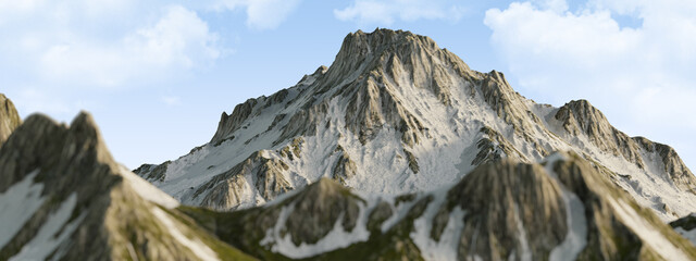 Breathtaking View of Snow-Capped Mountain Peaks Under a Cloudy Sky. 3D rendering.