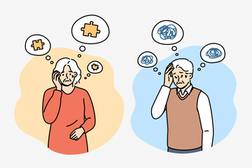 Problem of alzheimer and dementia in older people who experience memory loss or chaos in heads. Old men and women need care due to alzheimer disease caused by age-related diseases.