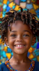 A young girl with dreadlocks and a colorful necklace is smiling