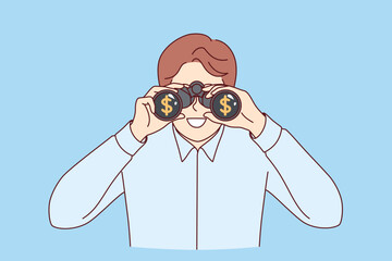 Man business detective monitors work of competitors through binoculars to increase corporate profits. Business guy looks to future and rejoices at availability of opportunities for money making