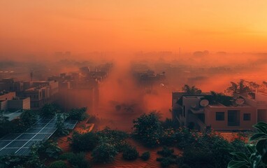Fototapeta premium Urban Rooftop Solar Panels in Heatwave Haze, Green Energy Solution