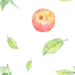 Apple watercolor seamless pattern with red apples and green leaves. Food illustration hand painted in botanical stile for use in textile, wallpaper, wrapping paper, scrapbooking
