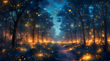 Dreamlike Firefly Ballet: Oil Painting Depicting Enchanting Nighttime Lights