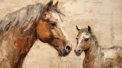 Heartwarming Impasto Oil Painting of Mother Horse and Foal Generative AI - obrazy, fototapety, plakaty