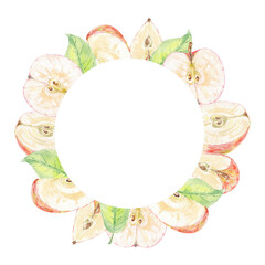 Apple red sliced and leaves green watercolor wreath postcard isolated illustration. Autumn fruit for logo, menu, card. Art for design. Healthy eating food