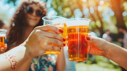 A group of friend holding a glass of beer and cheering at the park, outdoor activity