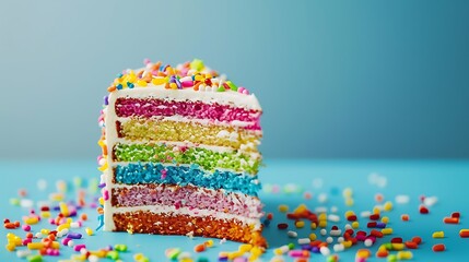 Sliced confetti birthday cake with rainbow colored icing and sprinkles over a blue background
