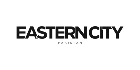 Eastern City in the Pakistan emblem. The design features a geometric style, vector illustration with bold typography in a modern font. The graphic slogan lettering.