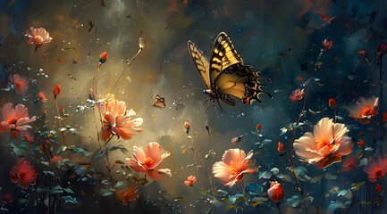 Nighttime Elegance: Serene Oil Painting of Glowing Petals and Butterflies - obrazy, fototapety, plakaty
