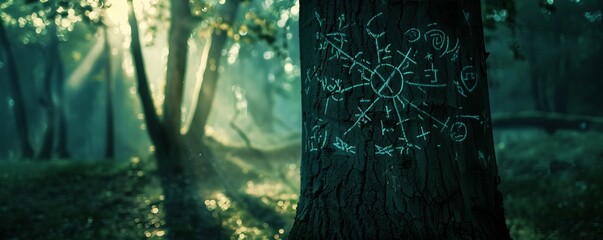 drawn magic symbols on a tree in the forest.