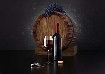 Bottiglia di vino e barrique con una sullo sfondo, illustrazione 3d