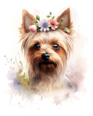 watercolor illustration of cute Yorkie dog сreated with Generative Ai