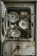 In this close-up image, the open door of a dishwashing reveals a collection of dirty plates and cups inside
