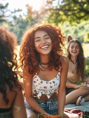 Woman enjoys laughter with friends at a sunny picnic in a natural setting on a pleasant day