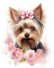 watercolor illustration of cute Yorkie dog сreated with Generative Ai
