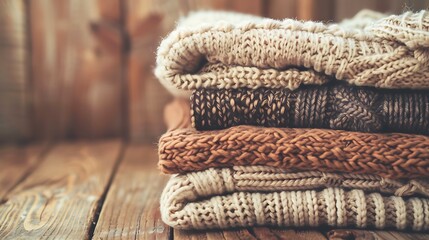 stack of sweaters on a wooden table