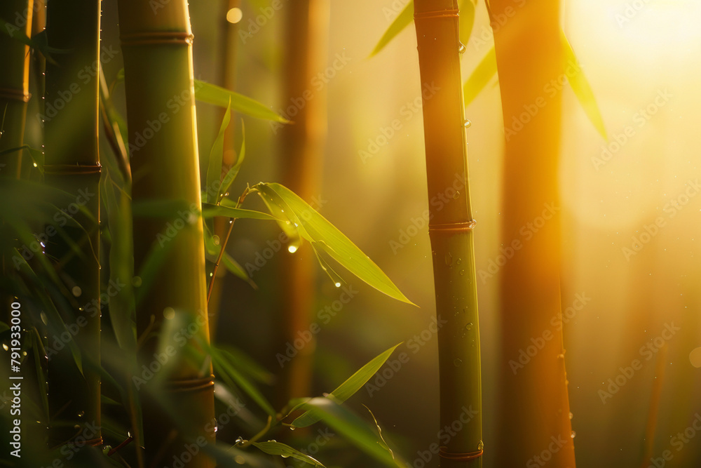 Wall mural the ethereal beauty of a bamboo grove at sunrise, with the early light casting a warm glow on the de