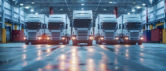 Modern trucks at a logistics center. Concept Truck Fleet, Logistics Management, Modern Transportation, Warehousing Operations, Commercial Vehicle Technology