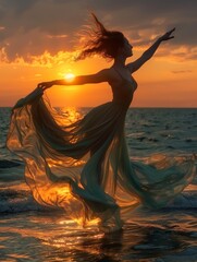 Fototapeta na wymiar A joyful woman dances on a beach at sunset, her dress flowing with a vibe of freedom