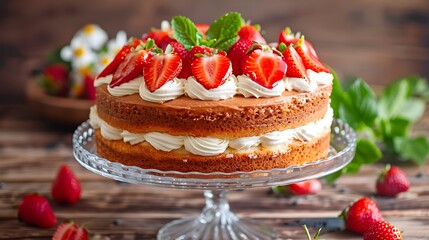Strawberry and cream sponge cake on glass stand homemade summer dessert on wooden rustic table