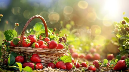 Strawberry field on fruit farm berry in basket