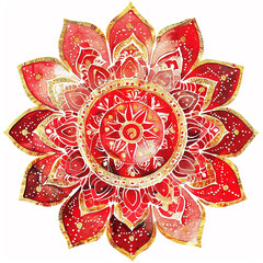 A red and gold mandala flower with a gold center