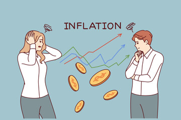 Inflation chart near business people suffering from depreciation of money and in need government subsidies. Financial analysts are concerned about beginning inflation crisis and approaching recession - 791933270