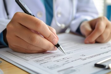 Healthcare Professional Completing Medical Records on a Form