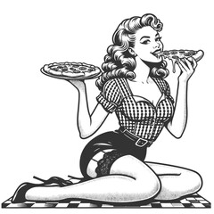 vintage-styled woman eats cheesy slice of pizza sketch engraving generative ai fictional character vector illustration. Scratch board imitation. Black and white image.