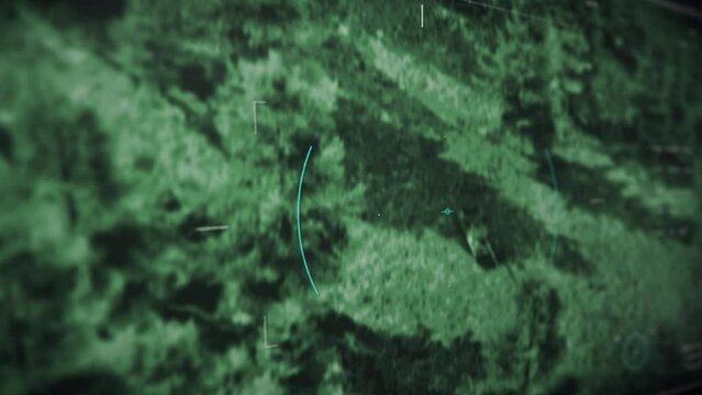 Spy high tech drone flying above the military combat area. Spy high tech drone scouting the designated location. Spy high tech drone dropping the destructive bomb at the detected tank target.