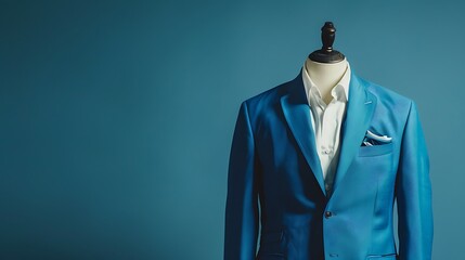 tailor made blue jacket and white shirt on mannequin on blue background