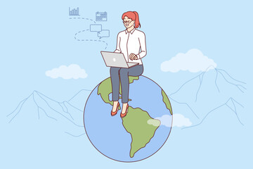 Woman freelancer works for international company via internet, sits on globe with laptop on lap. Successful freelancer girl manages global business in different countries via computer