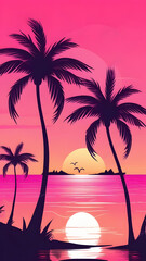 Illustration of a silhouette of palm trees against the backdrop of a pink sunset on a tropical sea beach. Traveling, vacation