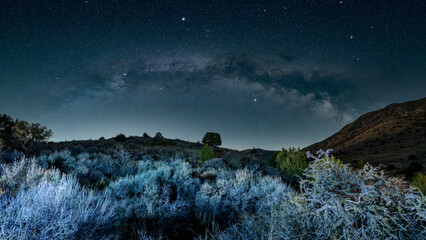 Panorama of the Milky Way arch over a tree and hill