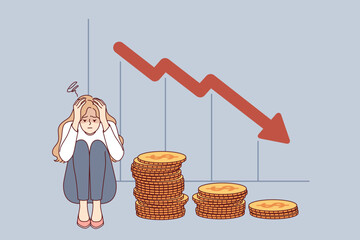 Problem of bankruptcy for girl lost savings due to financial crisis, sitting near falling economic chart. Girl is bankruptcy fighter after being fired from job and losing investments. - 791934027