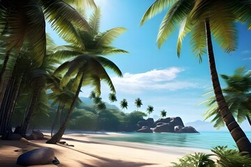 Palm-tree lined tropical beach.view of a stunning tropical beach. A tropical beach with turquoise...
