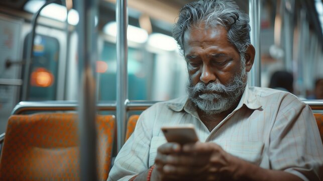 Indian Man Using a Mobile Phone on the Metro