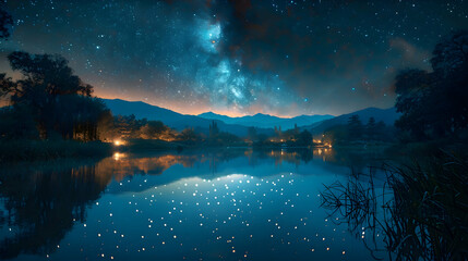 A star trail photograph over a tranquil lake, capturing the circular movements of the stars with a long exposure against the still water