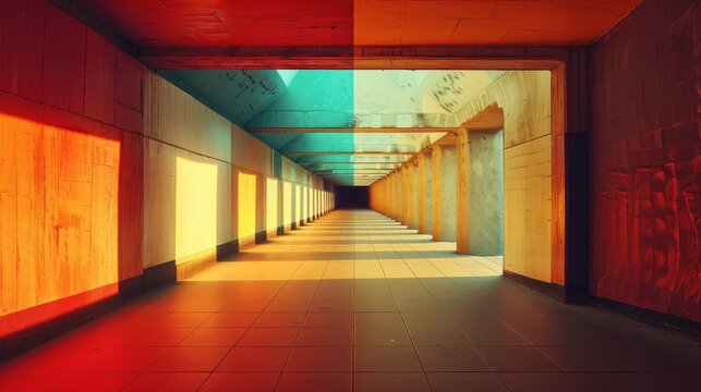 liminal space, concrete, pillars, orange and blue