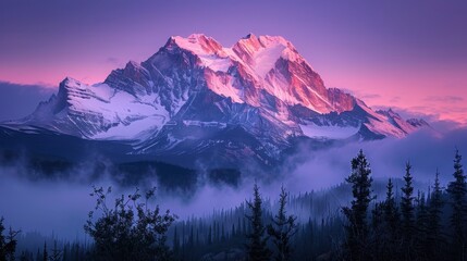 The majestic beauty of a snow-capped mountain at sunrise, with a vibrant pink sky and purple haze.