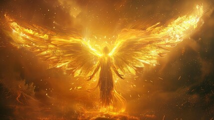 A glowing, golden phoenix with outstretched wings stands tall in a fiery, ethereal landscape. - obrazy, fototapety, plakaty