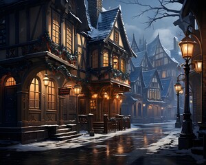 Night scene of a snowy winter street with houses and lanterns.